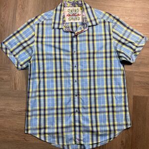 Robert Graham Classic Fit Plaid Short Sleeve Shirt Mens XL Blue Classic Art Fun